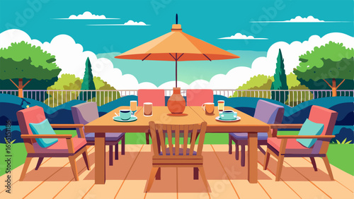 A luxurious outdoor dining area with a large wooden table surrounded by plush chairs and adorned with a mix of vibrant tableware.