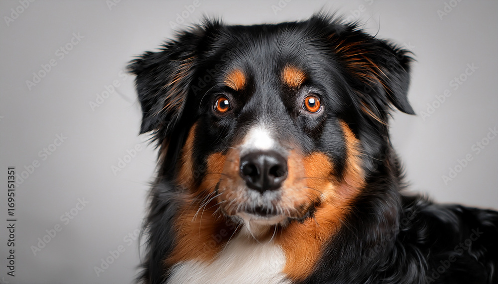 Fototapeta premium Portrait Of A Black And Tan Australian Shepherd With Expressive Eyes And Glossy Fur