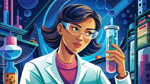 Close-up portrait of female scientist checking sample vial. Isolated background reflects intelligence, progress, and modern science.