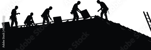 Silhouette of multiple construction workers on rooftop, installing materials, teamwork on building site, roofing labor, safety harnesses, under bright sky
