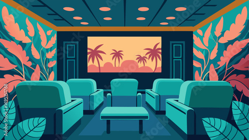 A luxurious home theater with plush velvet recliners a tropical print wallpaper and a large screen television.