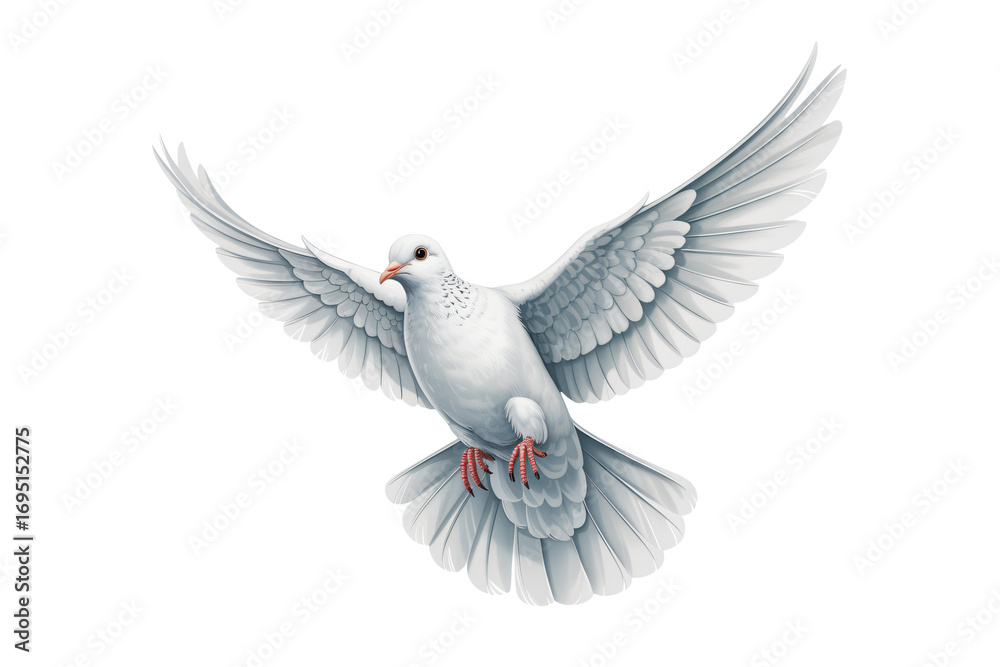 Fototapeta premium Majestic white dove soaring gracefully, wings spread in peaceful flight