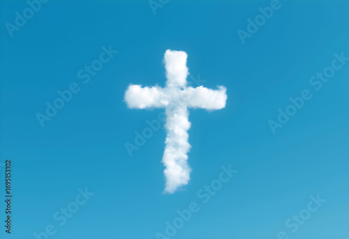A cloud shaped like a Christian cross floating in a clear blue sky. Symbol of faith, hope, and spirituality, representing divine presence and inspiration in nature. 