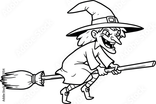 Enchanting Witch on a Broom: A whimsical illustration of a witch, complete with her pointed hat, grinning wickedly as she flies through the air on her broom.