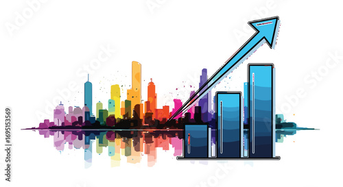 Dynamic city skyline with vibrant colors and an upward trending bar graph symbolizing growth and success, Generative AI.