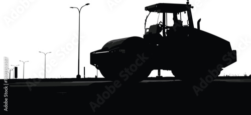 Silhouette of road roller construction machine, heavy machinery on site, asphalt compactor, street lighting, worker inside, construction equipment, urban infrastructure, evening light