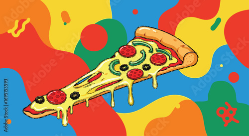 Irresistible cheesy pizza slice with pepperoni and peppers melts over vibrant abstract background perfect for food marketing and design, Generative AI.