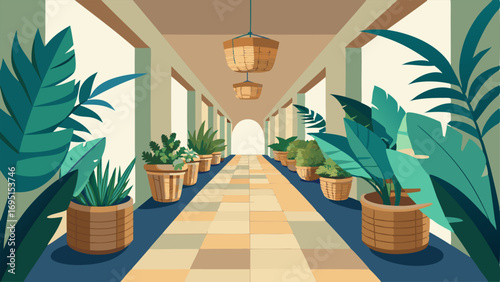 A hallway lined with tropical plants in various sizes and woven baskets adding life and texture to the space.