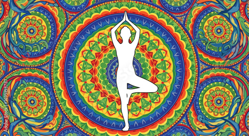 Serene white silhouette woman in Tree Pose yoga against vibrant intricate mandala pattern promoting wellness and mindfulness, Generative AI.