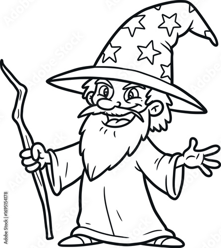 Wizard with a Magical Touch: A cartoon wizard, brimming with mystical energy, casts a spell with a knowing grin. The intricate line art showcases his flowing beard, pointed hat.