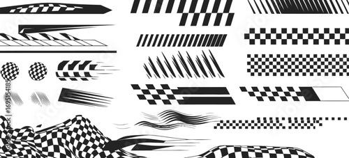 A versatile collection of racing-themed graphic elements, including checkered flags, speed stripes, and motion lines for vehicle decals