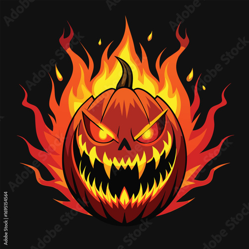 Halloween Pumpkin with Fiery Backlighting Displaying Spooky Symbolism of the Autumn Season