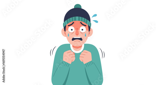 Cartoon depiction of a shivering person wearing winter clothing, portraying the sensation of extreme cold. Suitable for educational materials, weather forecasts, or health awareness campaigns.