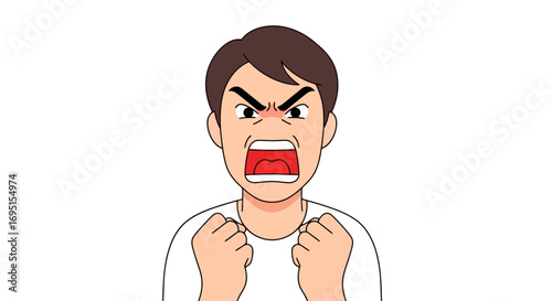 Cartoon illustration depicting an angry man shouting with clenched fists, ideal for conveying strong emotions, stress, frustration, or conflict situations