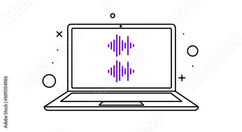 Laptop displaying sound waves for audio engineering and podcasting applications, suitable for digital marketing, audio production content, and online education