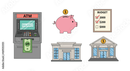 Secure your financial future with ATM piggy bank and bank icons representing savings and budgeting success, Generative AI.