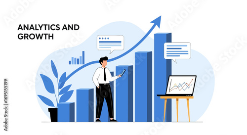 Business analysis illustration showcasing growth charts, data analysis, and strategic planning for financial reports and corporate presentations