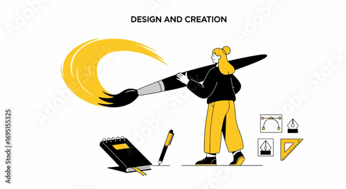 Creative woman illustration with oversized paintbrush for showcasing design, art, and creative process visuals. Ideal for illustrating artistic concepts or visual communication.