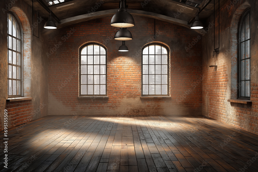 Fototapeta premium Industrial interior with brick walls and wooden floors in soft light