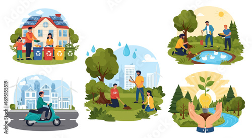 Illustrated scenes showcasing environmental conservation activities and eco-friendly practices for promoting sustainability and ecological awareness campaigns.