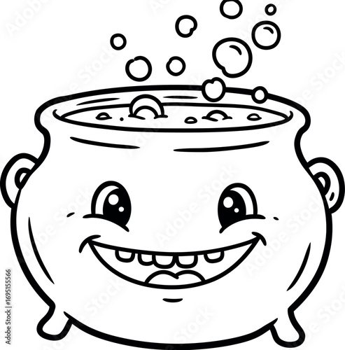 Boiling Cauldron: A smiling cauldron bubbles with mysterious, sparkling liquid, radiating an aura of mystical charm. 