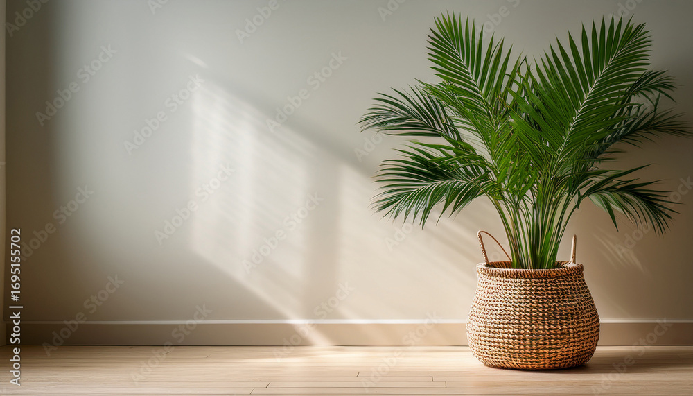 Fototapeta premium Lush Green Decorative Palm Plant In Woven Basket On Light Wooden Floor With Simple Elegant Background
