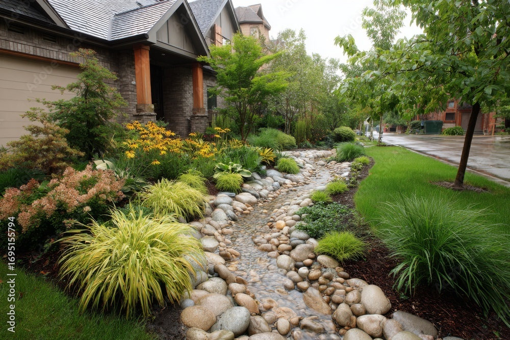 Obraz premium A charming residential yard showcases a flowing creek made of smooth stones surrounded by lush green plants and colorful flowers. The setting is peaceful, with a soft rain adding to the ambiance