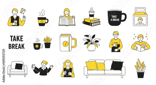 Minimalist vector illustration depicting relaxation and coffee break elements for website design and promotional materials to depict work-life balance.