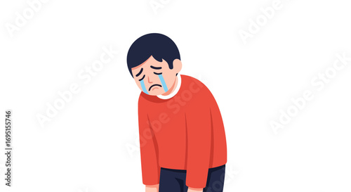 Expressive illustration of a weeping boy with tearful eyes, conveying sadness and emotional distress for use in mental health and educational resources.