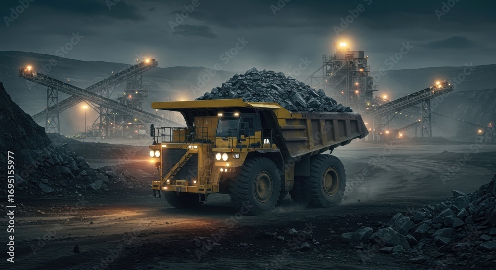 Fototapeta premium Giant dump truck carrying stones in mining area.