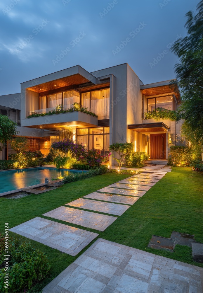 Obraz premium Modern house at dusk, featuring a pool and walkway