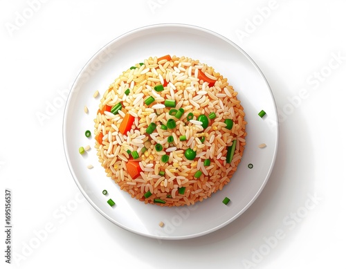 Overhead view of a plate of fried rice with carrots, peas, and scallions, presented on a white background.