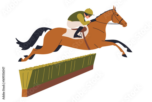 Horse and jockey jumping over green hedge obstacle in steeplechase competition