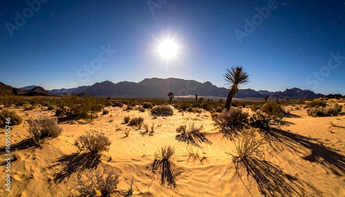 Desert landscape at night with a full moon