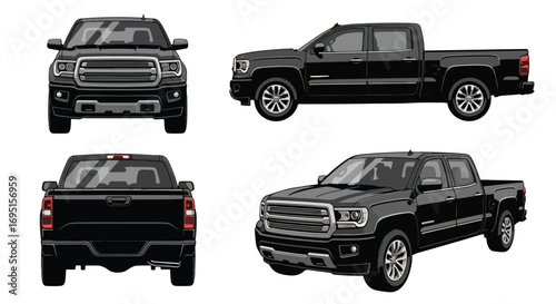 Set of vector illustrations showing a modern pickup truck from multiple angles, emphasizing rugged design, utility vehicle concept, transportation, and automotive branding for business, logistics