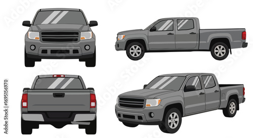 Set of vector illustrations showing a modern pickup truck from multiple angles, emphasizing rugged design, utility vehicle concept, transportation, and automotive branding for business, logistics