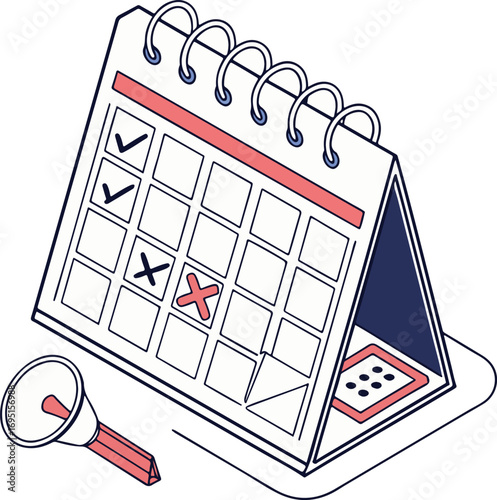 Desk Calendar with Check Marks, Crosses, and Key Symbol for Important Dates