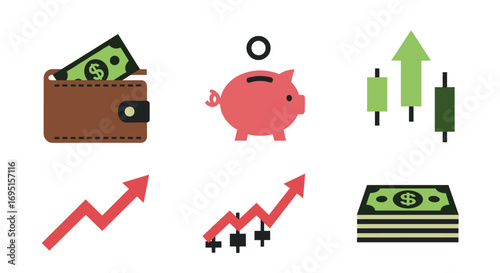 Smart financial growth symbols including wallet piggy bank rising charts and cash stacks for investment and savings concepts, Generative AI.