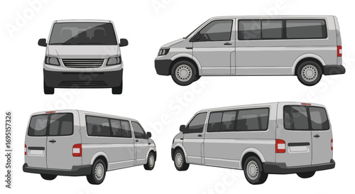 Set of vector illustrations showing a commercial cargo van from multiple angles, highlighting utility design, delivery vehicle style, and practical concept for transportation, logistics, and business