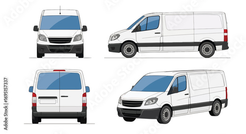 Set of vector illustrations showing a commercial cargo van from multiple angles, highlighting utility design, delivery vehicle style, and practical concept for transportation, logistics, and business