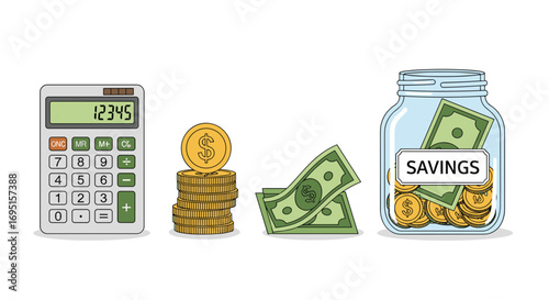 Visualize smart financial planning with a calculator coins cash and a savings jar brimming with wealth for a prosperous future, Generative AI.