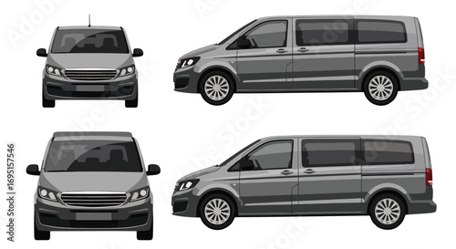 Set of vector illustrations showing a commercial cargo van from multiple angles, highlighting utility design, delivery vehicle style, and practical concept for transportation, logistics, and business