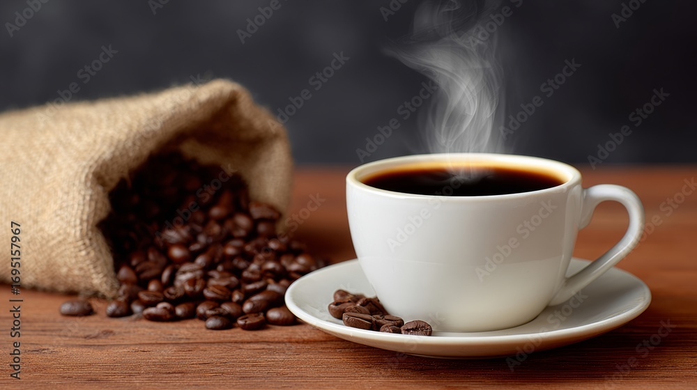 Obraz premium A white coffee cup with a white saucer sits on a wooden table next to a bag of coffee beans. The steam from the coffee cup rises into the air, creating a cozy and inviting atmosphere