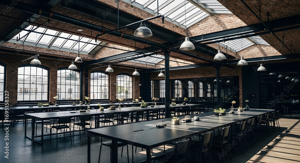 Obraz premium Modern Industrial Interior of a Conference Room with Large Tables and Skylights