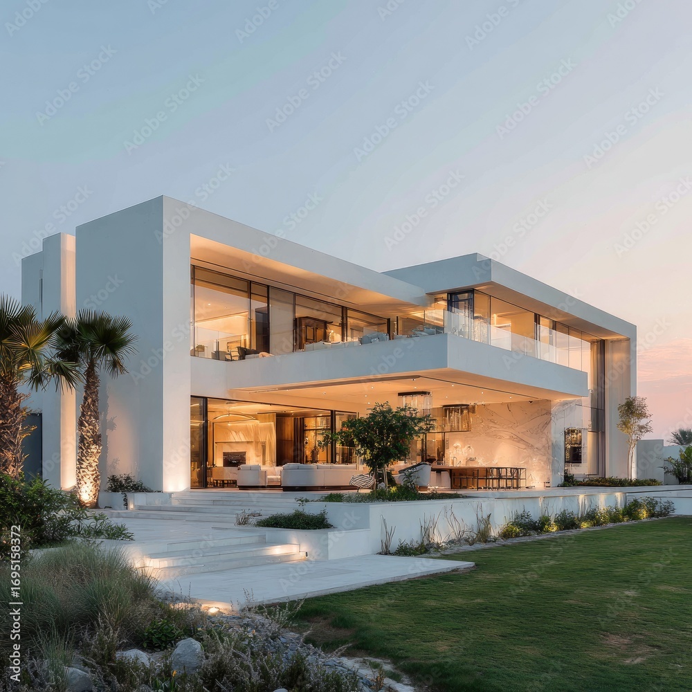 Fototapeta premium Modern white villa at twilight
