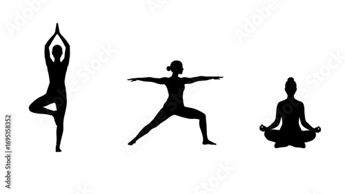 Yoga Silhouettes Set — Tree, Warrior II, Lotus, Vector Isolated