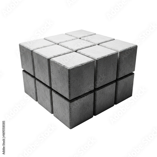 Heavy, interlocked 3D cuboids of rough, unpolished concrete in a tight modular grid on a stark, transparent background, harsh directional light, casting strong shadows, brutalist architecture
