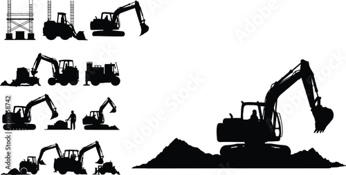 Silhouettes of excavators, loaders, construction equipment, and scaffolding, industrial machinery at work on site, heavy earth-moving vehicles, engineering tools
