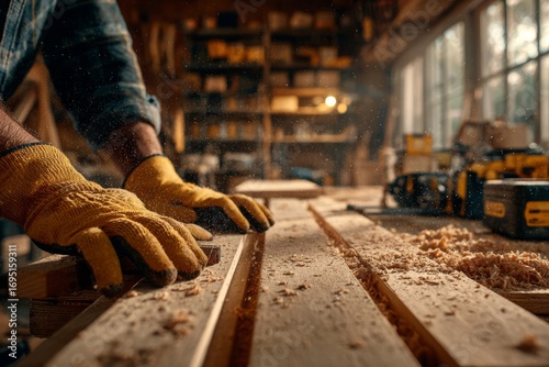 A skilled carpenter diligently works with wood, showcasing craftsmanship and precision, using protective gloves in his workshop, sawdust creating a dynamic atmosphere.