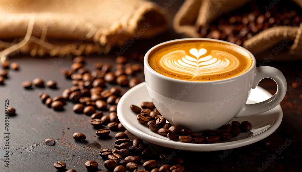 Fototapeta premium Latte art in white cup on rustic table